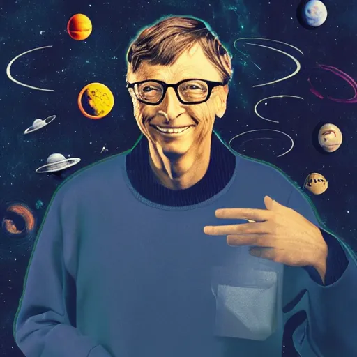 Prompt: album cover featuring bill gates in an outer space void