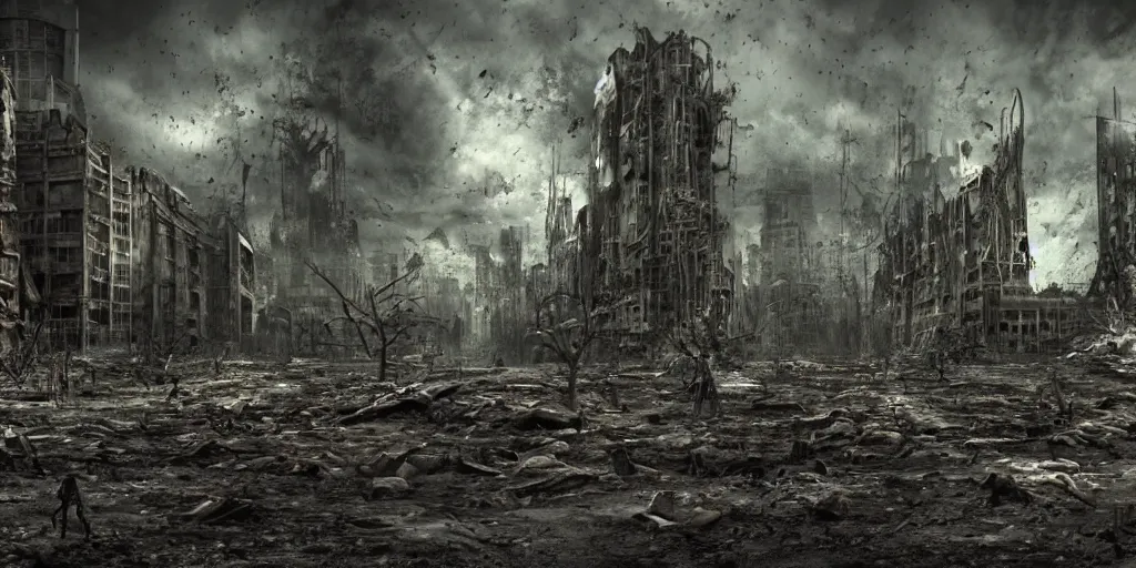 Image similar to a melancholic post-apocalyptic city destroyed by nuclear war, mutants creatures swarming, 35mm, 8k, cinematic lighting, hd wallpaper, HR Giger, atmosphere of silent hill