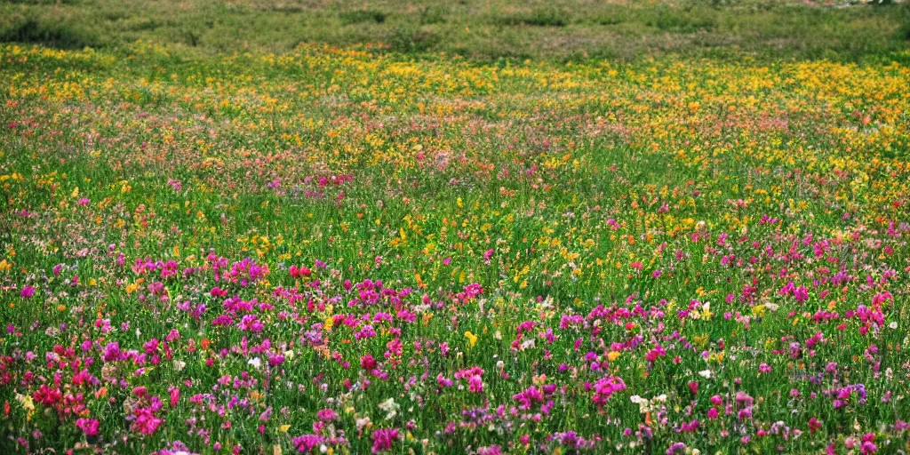 Prompt: on a sunny day, a field full of flowers, in the style of wes anderson