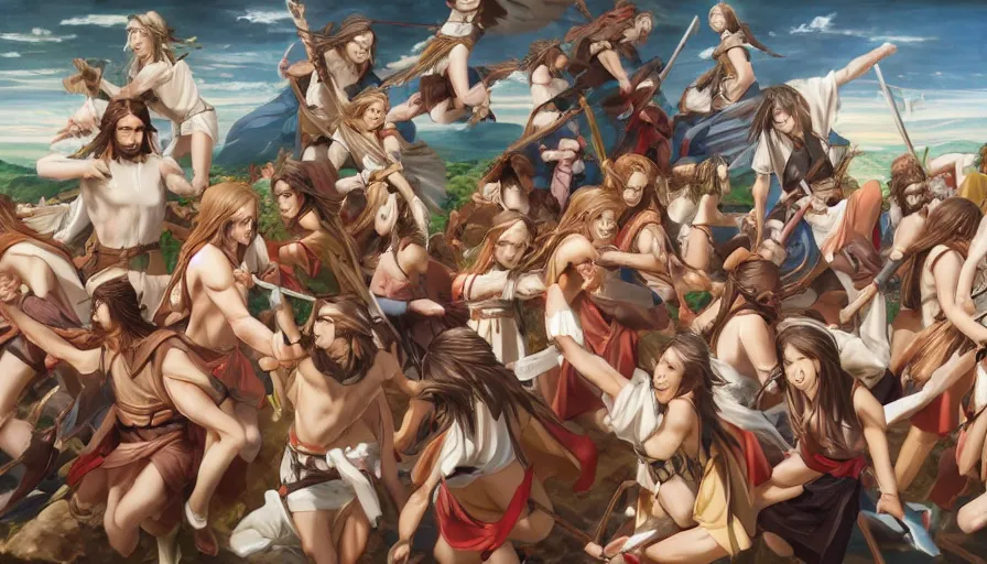 Prompt: jesus christ our lord leading an army of anime girls into battle, photorealistic, anime, mini skirt, long hair, renaissance painting, hyper real, detailed, closeup shot, ultra detailed