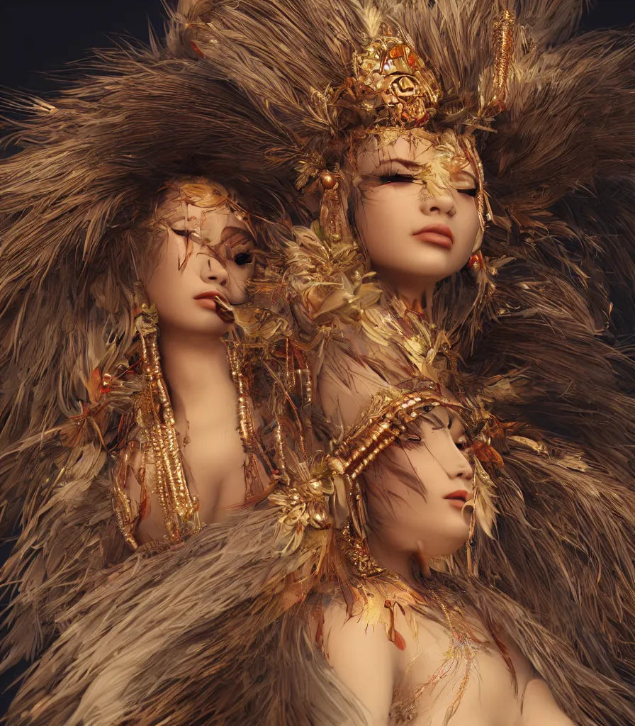 Image similar to closeup photoshoot of asian goddess of bliss and honey, feathers hair, silk flowing in wind, totemic ritualistic tarot sigils embedded in ruby skin, photoreal, unreal engine, redshift render, trending on artstation