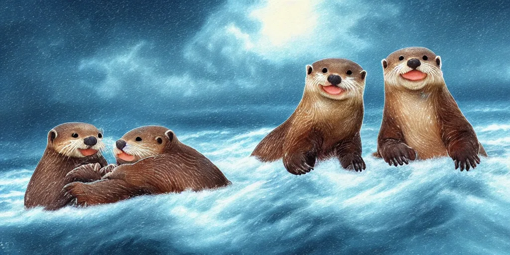 Image similar to A pair of adorable otters falling in love holding hands side by side, all alone in the middle of a huge storm at sea, fantasy illustration, cinematic, dreamlike, Award winning, romance, detailed trending on art station masterpiece