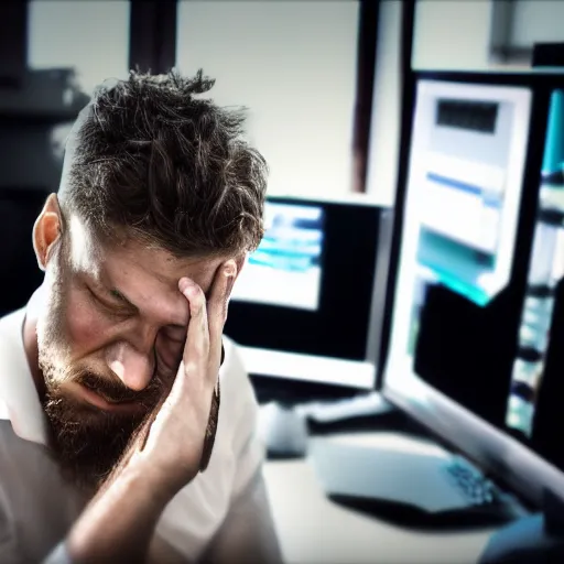 Image similar to detailed photorealistic with bokeh, and cinematic lighting of detailed man sitting while crying because stuck in front of his computer because programming.