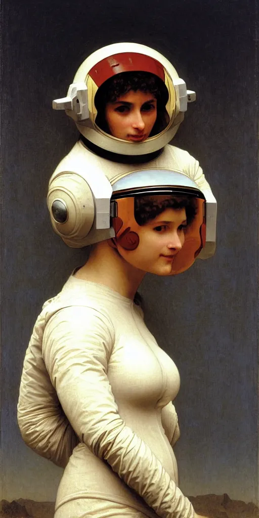 Image similar to portrait of an ancient human species in astronaut helmets, by bouguereau