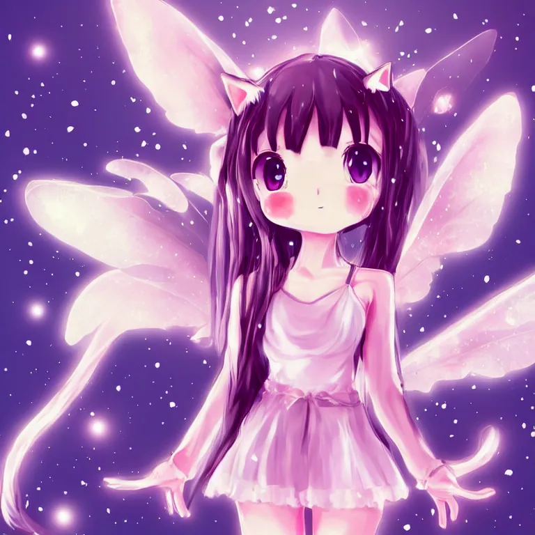 Image similar to cute, full body, female, anime style, a cat girl with fairy wings, large eyes, beautiful lighting, sharp focus, simple background, creative, heart effects, filters applied, illustration