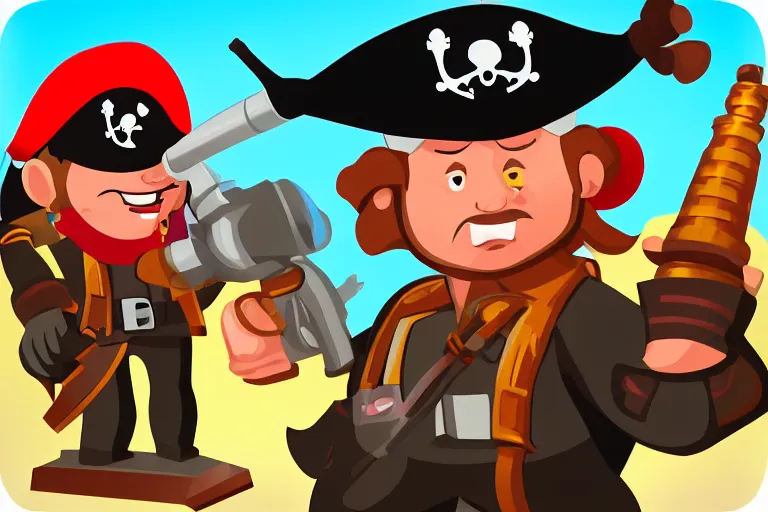 Image similar to masculine man with a pirate hat holds a bazooka, game character design