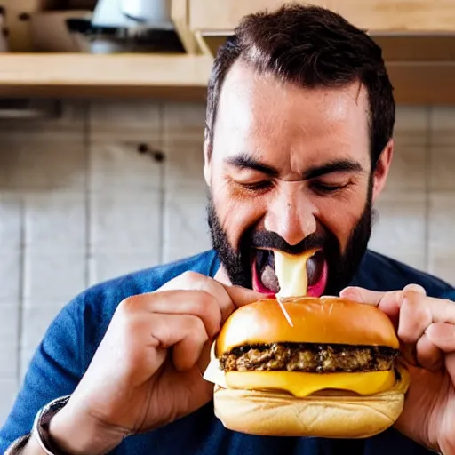 Image similar to a man enjoying a burger full of cheese in his kitchen, 4 k, cinematography, photography, realistic, detailed,