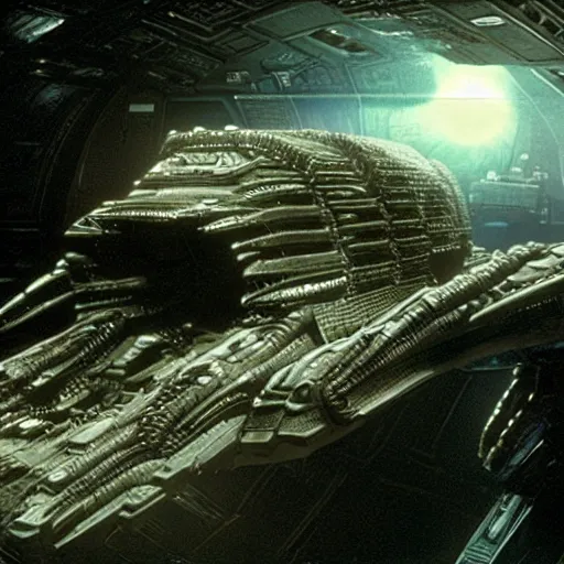 Image similar to the huge Nostromo spaceship landed on a dark and cloudy planet, very detailed, Alien movie by Ridley Scott