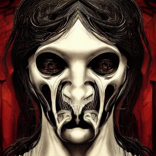 Image similar to symmetrical semi - realistic modern artnouveau mysterious creepy maniac portrait from layers of fear highly detailed sharp focus