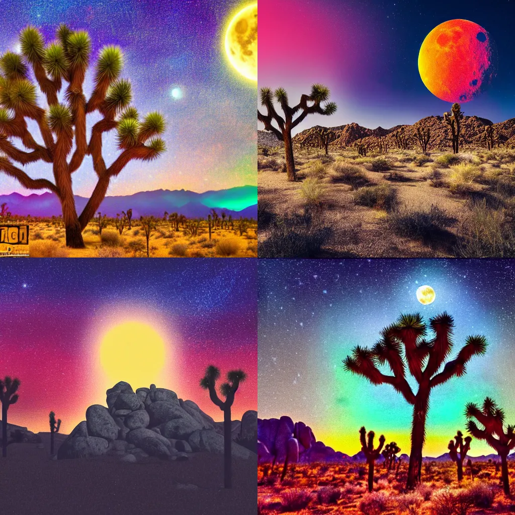 Prompt: photo of a hairy beast in Joshua Tree at night, rim light, full moon, psychedelic technicolor, 4k, trending on art station