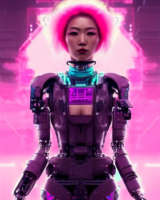 Image similar to portrait of a beautiful asian woman with pink hair as a cyberpunk cyborg half robot, sci - fi, missing panels, intricate abstract upper body intricate artwork, concept art, octane render, deviantart, cinematic, key art, hyperrealism, iridescent accents, portrait photograph, nikon 3 5 mm, photograph by greg rutkowski