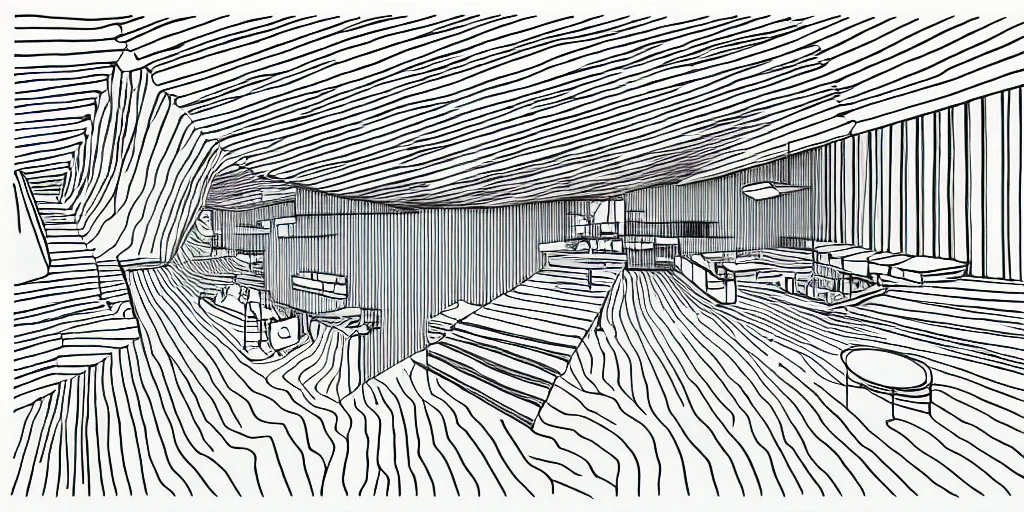 Image similar to modernist interior, seen from above, by René Laloux, line brush, minimal line drawing, full colour, coloured background