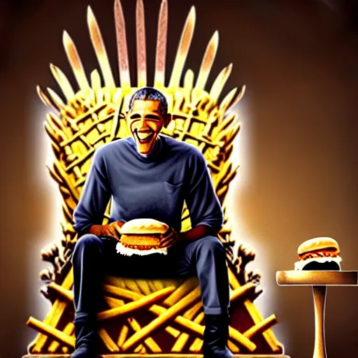 Image similar to barrack obama eating a cheese burger sitting on the iron throne, highly detailed, perfect lighting, perfect composition, 8 k, artgerm, derek zabrocki, greg rutkowski