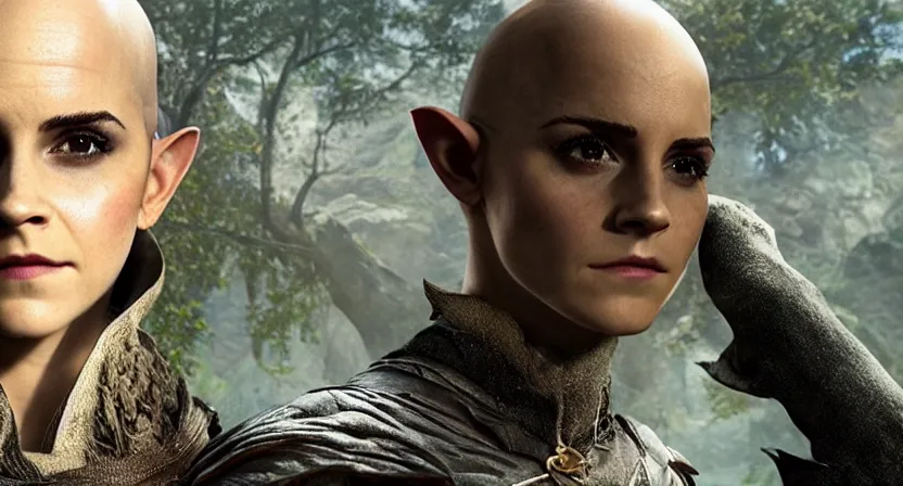 Image similar to promotional image of emma watson as a bald elf in dragon age : inquisition, hyperrealistic, detailed face, movie still, promotional image, imax 7 0 mm footage