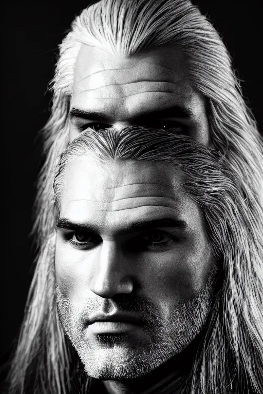 Image similar to portrait of geralt of rivia, 5 5 mm lens, professional photograph, black and white, times magazine, serious