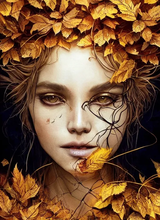 Image similar to golden leaves at frame border, creative!!! composition for a book cover, absurdly beautiful, ultrafine hyperrealistic detailed witch face by wlop and artgerm and greg rutkowski, intricate linework, sharp focus, smooth, octopath traveler, final fantasy, unreal engine, dramatic lighting, ethereal, 8 k