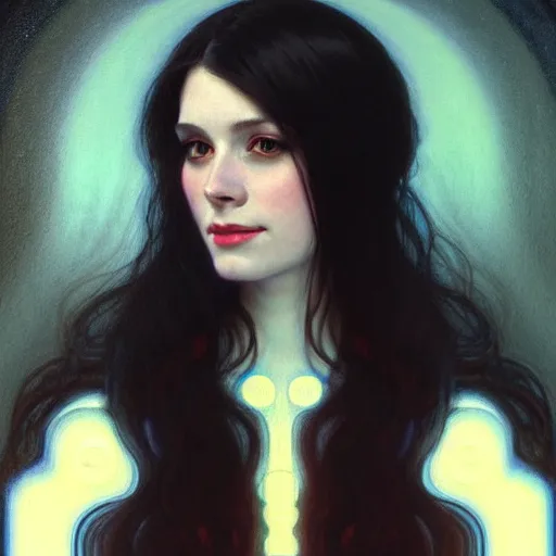 Image similar to portrait of a smiling, beautiful, pale skin female with long black hair, dark brown eyes, elegant clothing, photorealistic, highly detailed, artstation, smooth, sharp focus, neon lighting, sci - fi, art by gustav klimt, artgerm, greg rutkowski and alphonse mucha