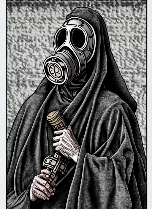 Prompt: portrait of the old necromancer, wearing a wizard cloak, gas mask, in the style of peter morchbacher, hyper detailed, intricate, complex, 8 k, crisp,