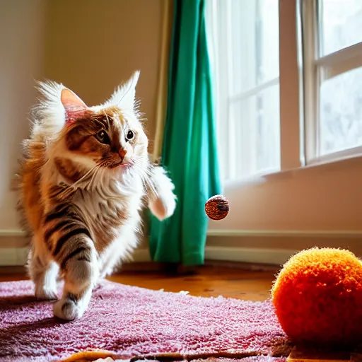 Image similar to cream color maine coon cat chasing a cat-toy-ball in a sunlit bedroom, hardwood floors with a colorful tattered old throw rug, bay window sofa in the background, fun, energetic, amusing, cute, funny, by Jeff Easley