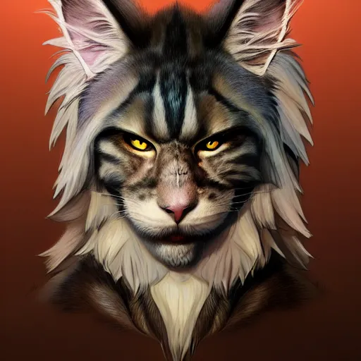 Prompt: portrait of a very cute fursona maine coon barbarian, muscular, wild, d & d, fantasy, intricate, full - length, cinematic lighting, highly detailed, digital painting, artstation, concept art, smooth, sharp focus, illustration, art by hajime sorayama