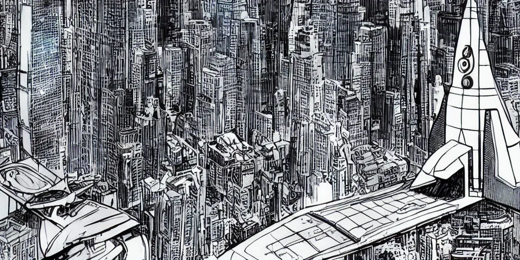 Prompt: spaceship landing on pad on top of skyscraper in style of dave gibbons, comic art, highly detailed