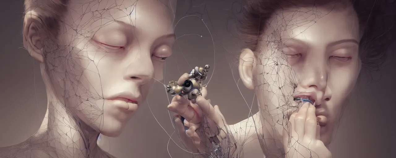 Image similar to hyperrealistic photography of a gorgeous female scientist constructing an empathy machine in the style of jin kagetsu, james jean, chris cunningham, hans bellmer and wlop, highly detailed, face symmetry, masterpiece, award - winning, sharp focus, intricate concept art, ambient lighting, 8 k, artstation