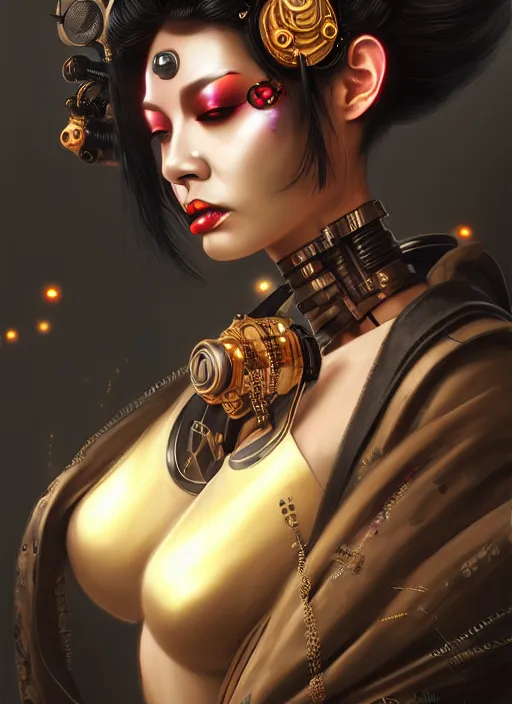 Prompt: soft lustrous ebony seductive geisha raver gutter punk steampunk cyborg, golden ratio, details, scifi, fantasy, cyberpunk city, intricate, decadent, highly detailed, digital painting, octane render, artstation, concept art, smooth, sharp focus, illustration, art by artgerm, loish, wlop