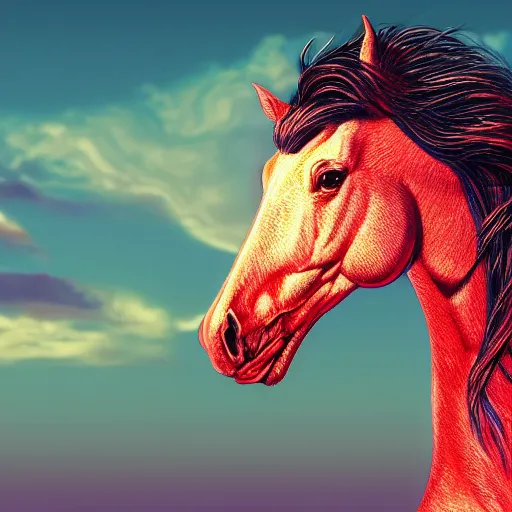 Prompt: digital horse, retrowave palette, highly detailed, anatomically correct equine, synth feel, smooth face, ear floof, flowing mane parted to one side, no reins, super realism, accurate animal imagery, 4 k, digital art