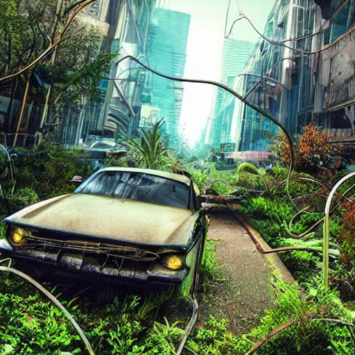 Image similar to futuristic world taken overgrown by plants with abandoned buildings and cars