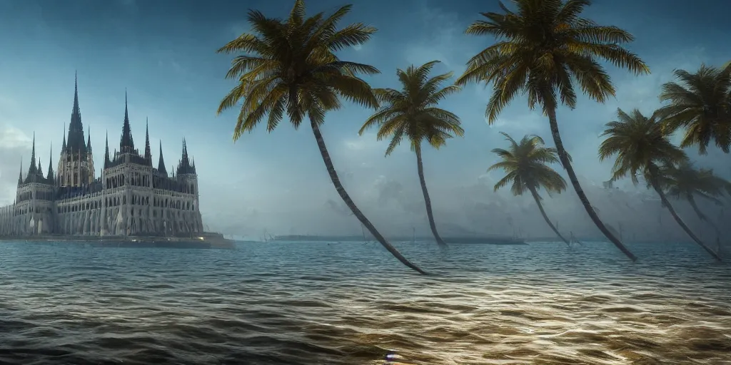 Image similar to matte painting of a hungarian parliament underwater-beach, palm trees behind, 4k, 8k, highly detailed, trending on ArtStation, CGSociety