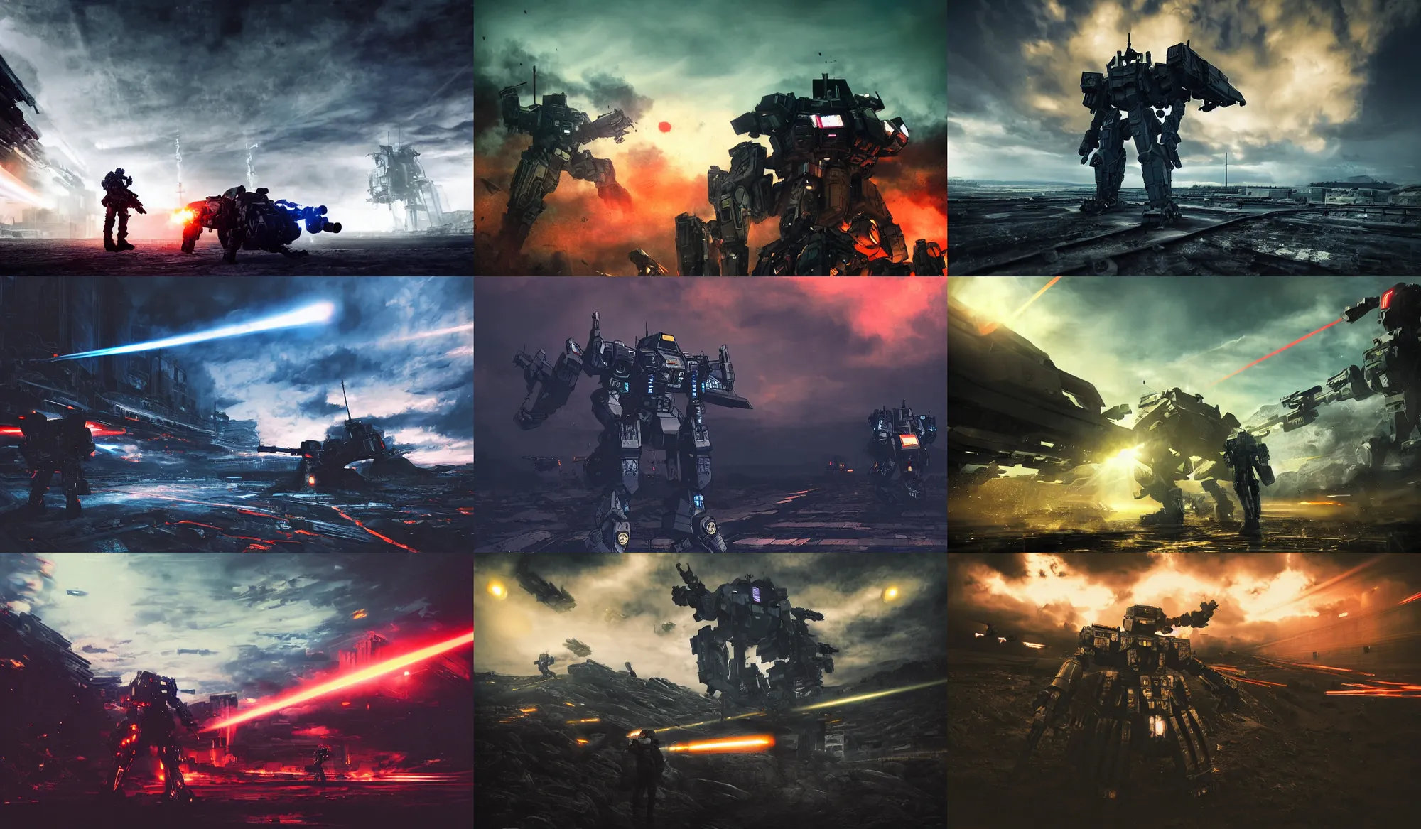 Prompt: armored core v by liam wong, booster flares, legs, laser rifles, karst landscape, outdoor, dark blue sky, cloud, wilderness ground, golden time, twilight ; wide shot, digital painting, cinematic contrast, dynamic backlighting, sharp edge, motion blur, photoreal