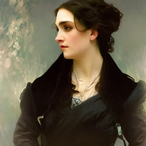 Image similar to oil painting of grumpy dark haired women, cameraflash portrait by alphonse mucha, ivan aivazovsky, greg rutkovski, wearing black coat, black makeup, ice mage, shooting ice, fantasy artwork, fantastic artwork, 4 k, trending on artstation