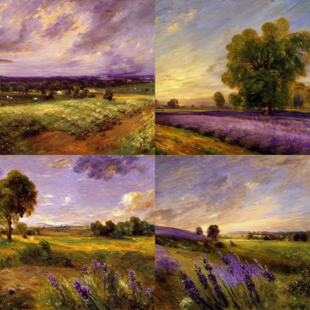 Prompt: a field of purple lavender flowers growing on fertile brown soil, during golden hour, wide angle, oil painting by john constable, hyperrealistic, high detail, romantic period