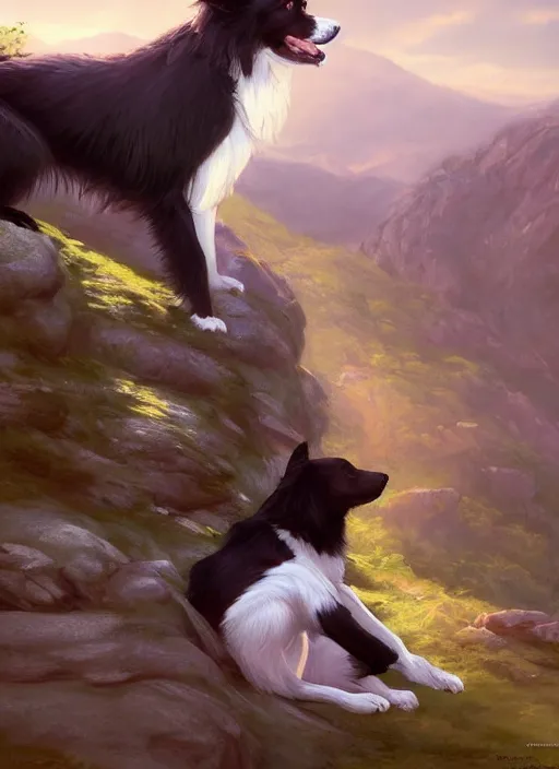 Image similar to wide angle beautiful full body portrait of a cute male anthropomorphic anthro border collie fursona reclining on the side of a rocky hill, character design by charlie bowater, henry asencio, and ross tran, disney, scenic background, detailed, glamor pose, aesthetic, trending on artstation, furaffinity, deviantart