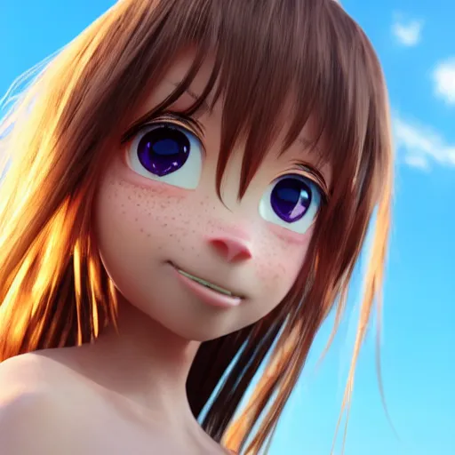 Prompt: Render of a very beautiful 3d anime girl, long hair, hazel eyes, cute freckles, full round face, short smile, cute sundress, golden hour, ice age setting, medium shot, mid-shot, highly detailed, trending on Artstation, Unreal Engine 4k