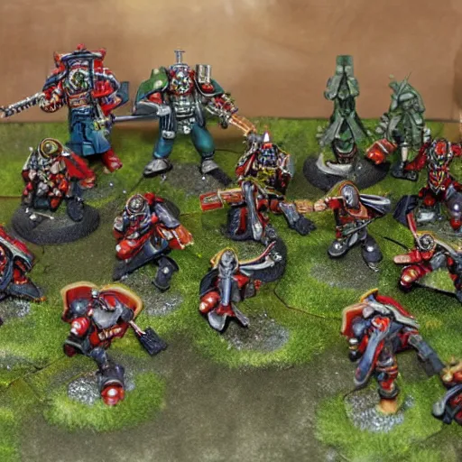 Image similar to warhammer 4 0 k figures on a serene landscape battlefield