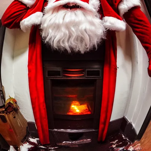 Prompt: A demented evil looking Santa Claus emerging upside down from a chimney mantle on Christmas night, house cam footage, fisheye lens, hyperrealistic