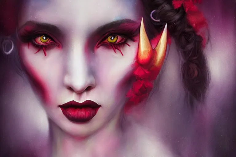 Image similar to pretty demon girl with horns photograph in the style of tom bagshaw, colorful, realistic, 8 k