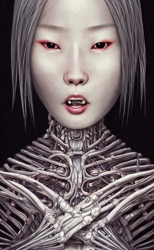 Image similar to beautiful Japanese girl is an unsettling scary terrifying bio mechanical cyborg post human, physically accurate, dramatic dynamic lighting, intricate, elegant, highly detailed, digital painting, artstation, very hyperrealistic, very very very HR GIGER, very Bensinski, Hieronymus Bosch, Francis Bacon, smooth, sharp focus, art by artgerm and greg rutkowski and alphonse mucha