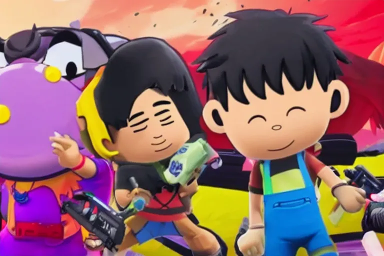 Prompt: a screenshot of a player with a crayon shin - chan skin in fortnite ( 2 0 1 7 ), crayon shin - chan public event in fortnite