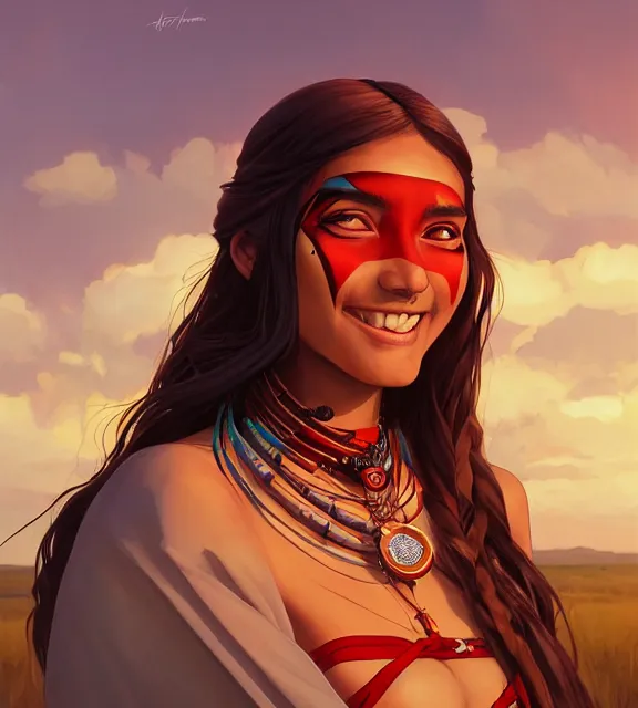 Image similar to in the style of artgerm and Andreas Rocha and Joshua Middleton, beautiful Native American young woman with long hair and red paint strip across eyes, smile on face, Symmetrical eyes symmetrical face, bead necklace, scenic prairie in background sunrise, natural lighting, warm colors