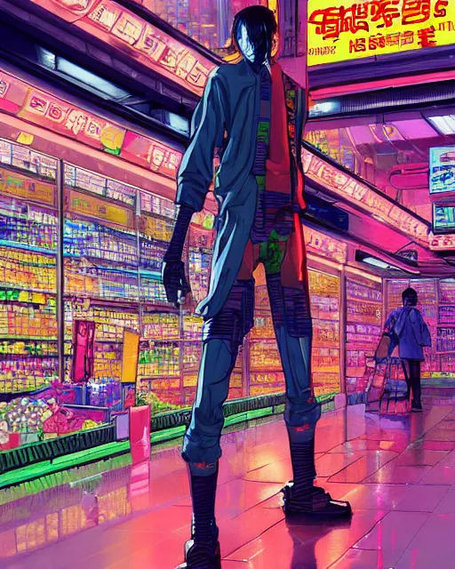 Image similar to cyberpunk man shopping at a neon soaked grocery store, science fiction painting, elegant intricate digital painting artstation, art by masamune shirow, detailed
