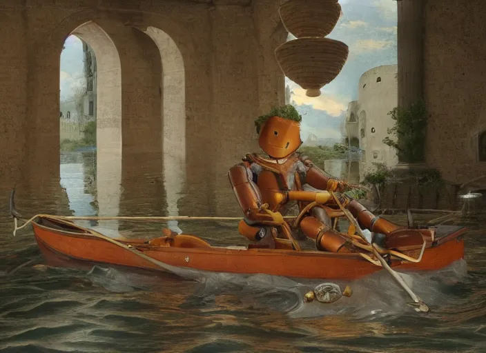 Image similar to a portrait of a humanoid robot sitting in a small boat fishing in a renaissance castle room flooded with water,