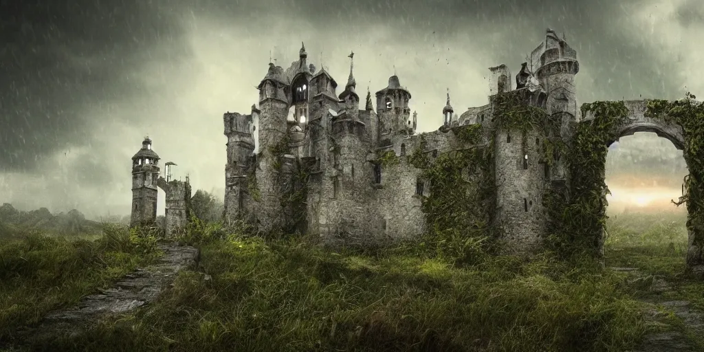 Image similar to matte painting, castle, dramatic landscape, overgrown, cinematic, overcast, lantern light, rain