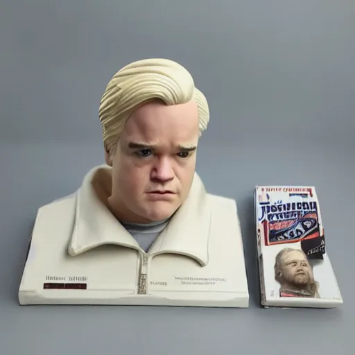 Prompt: product shot of Phillip Seymour Hoffman action figure, original packaging, full shot, including accessories