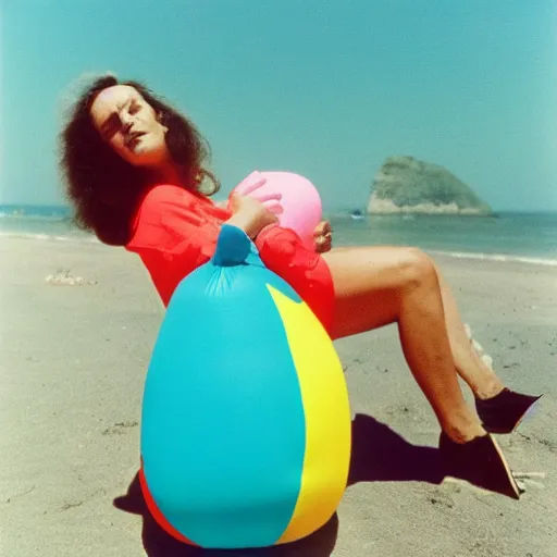 Image similar to A sad woman wearing a happy inflatable toy to the beach, 1980, color film expired film, aged photo, fellini almodovar john waters, wim wenders