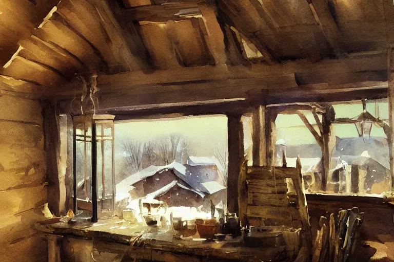 Prompt: paint brush strokes, abstract watercolor painting of rustic village house at winter dawn, lantern, medieval straw roof, scandinavian viking age, ambient lighting, art by hans dahl, by jesper ejsing, art by anders zorn, wonderful masterpiece by greg rutkowski, cinematic light, american romanticism by greg manchess, impressionism by tyler edlin