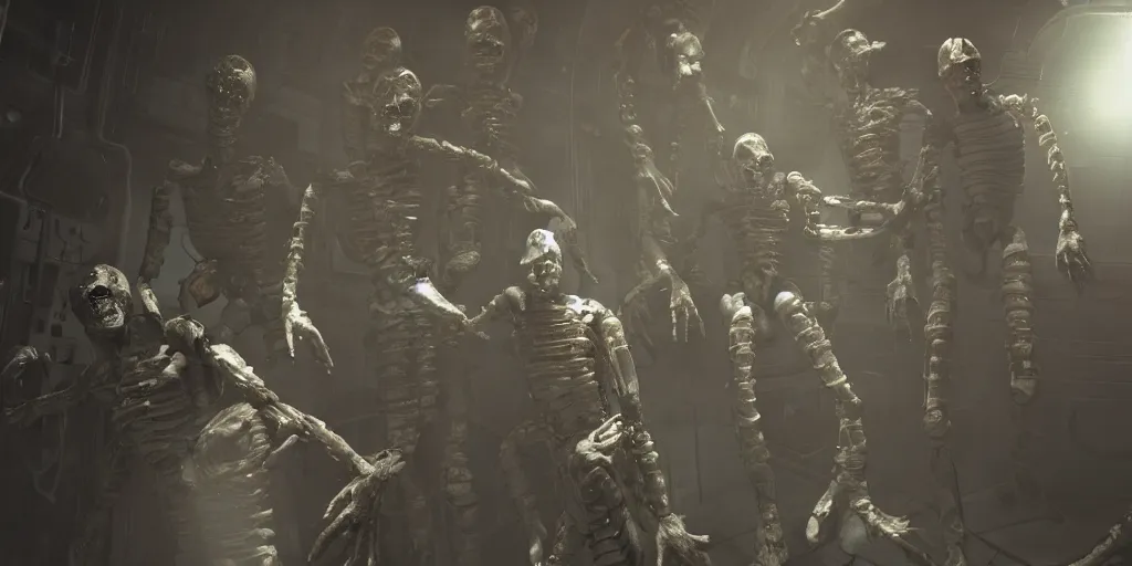 Image similar to dead space necromorph mannequins in a space ship, cinematic still, cinematic lighting, dark palette, realistic, 4 k.