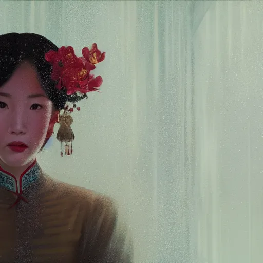 Image similar to portrait of chinese lady in cheongsam, highly detailed vfx portrait, unreal engine, greg rutkowski, loish, rhads, caspar david friedrich, makoto shinkai and lois van baarle, ilya kuvshinov, rossdraws, elegent, tom bagshaw, alphonse mucha, global illumination, detailed and intricate environment