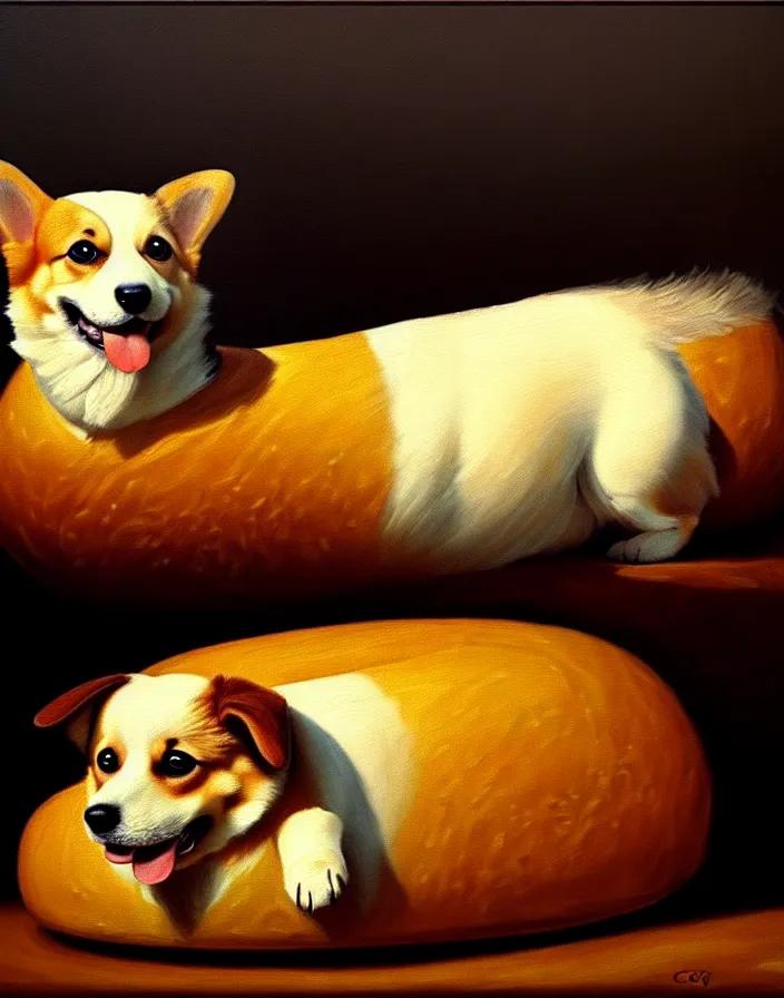 Prompt: a royal portrait of a corgi as a loaf of bread, oil on canvas, highly detailed, cinematic lighting, pretty